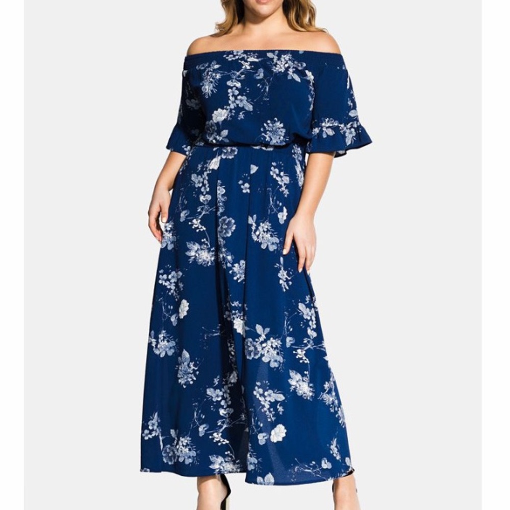 City Chic Blue Floral Off The Shoulder Maxi Dress